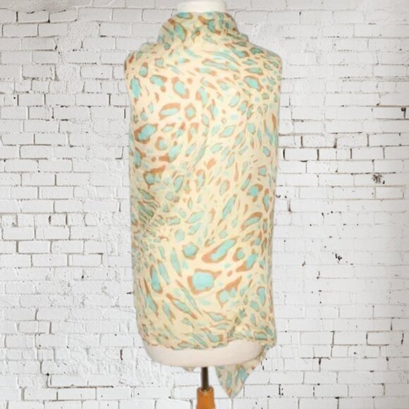 Leopard Animal Print Wrap Shawl Scarf Brown Turquoise Yellow Lightweight - Picture 2 of 3